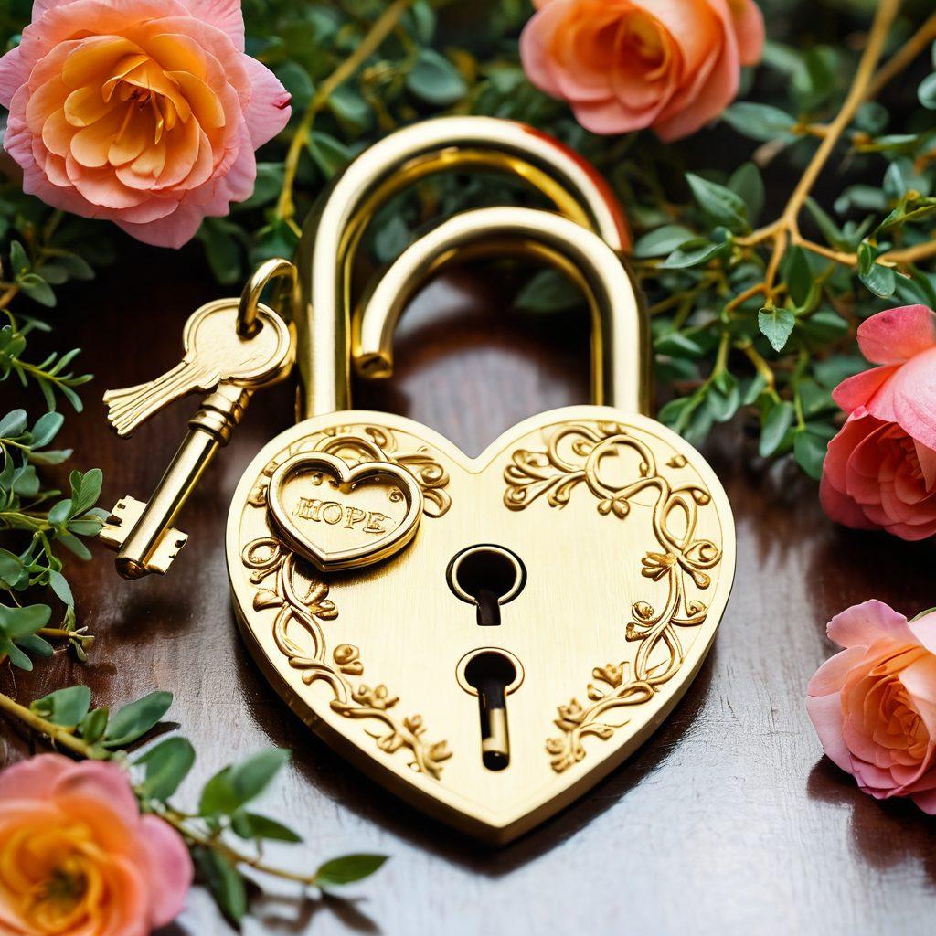A heart-shaped key unlocking a golden padlock, symbolizing the power of affection in relationships. Surrounding the key, delicate flowers and intertwining vines represent growth and trust. In the background, soft, warm light suggests intimacy and warmth in love. The image should evoke a sense of hope and connection. super-realistic. vibrant colors. soft focus.
