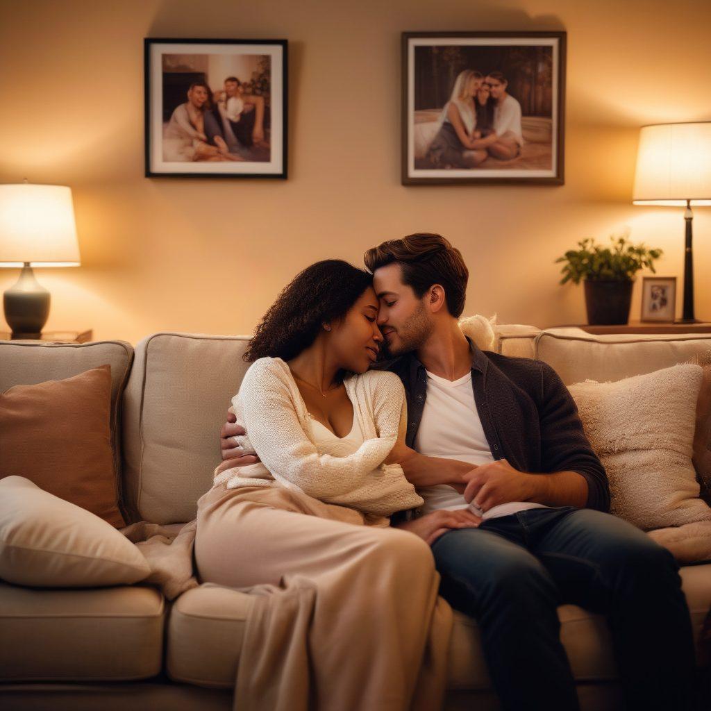 A warm embrace between a diverse couple sitting on a cozy couch, surrounded by soft pillows and dim lighting that conveys intimacy. In the background, hints of family photos and mementos symbolize emotional connections. The color palette should be soft and inviting, evoking feelings of love and comfort. super-realistic. warm tones. intimate atmosphere.