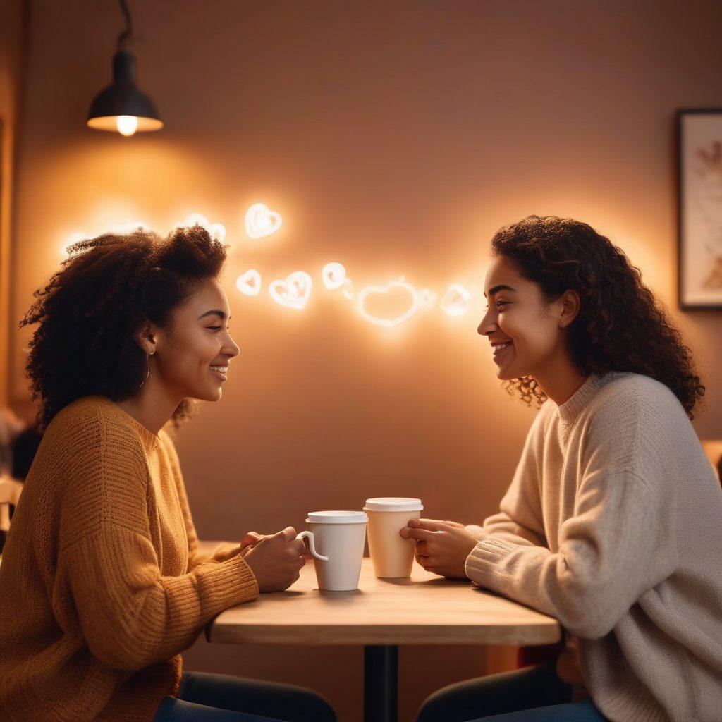 A heartwarming scene of two friends sitting in a cozy café, engaged in deep conversation with coffee cups in hand. Surround them with soft, glowing lights and a warm atmosphere to emphasize connection and emotional support. In the background, subtle symbols of communication, like speech bubbles and hearts, weave through the air. Emphasize diversity in the two friends' appearances to represent inclusivity. soft focus. vibrant colors. warm tones.
